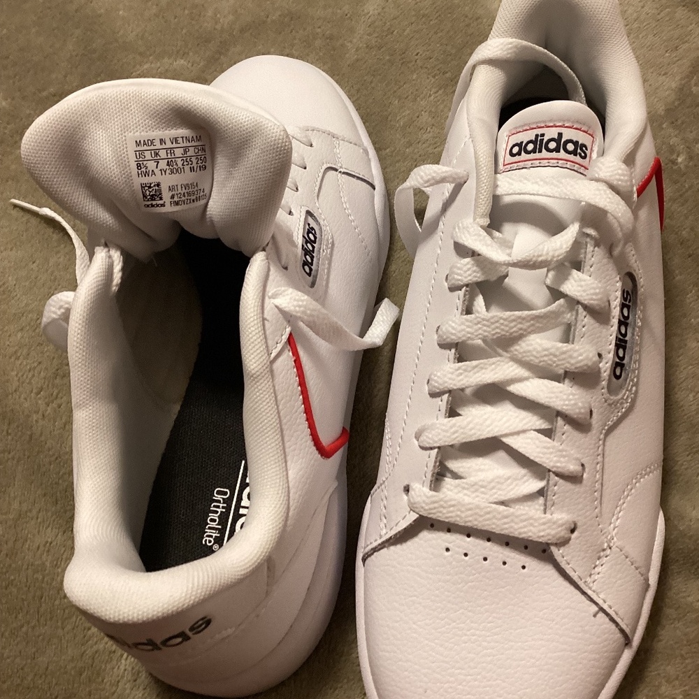 Adidas, size 8.5, white with red piping, NWT